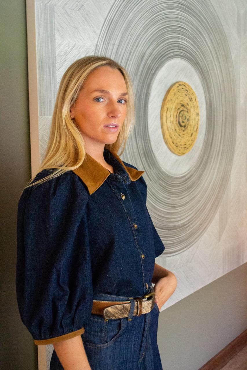 Blusa Florencia Globo Denim 101 aplicaciones en gamuza