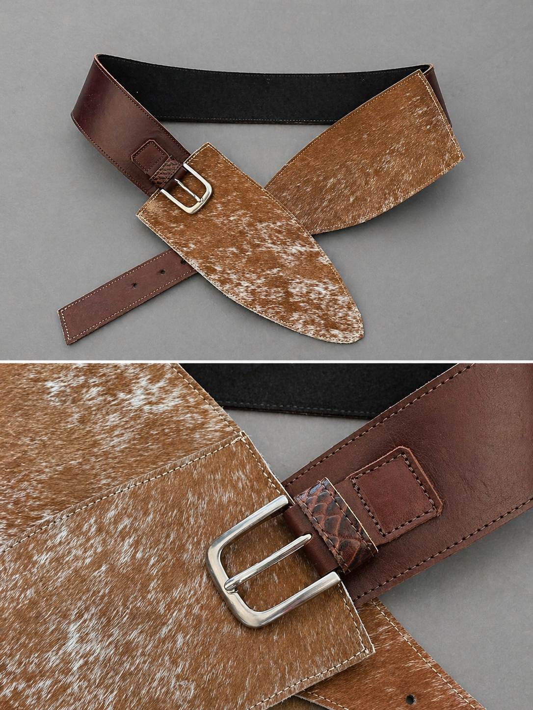 Cinturón de cuero Pipa color Camel jaspeado detalle - Paula Márquez
