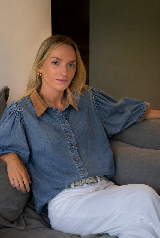 Blusa Florencia Globo Denim 101 aplicaciones en gamuza