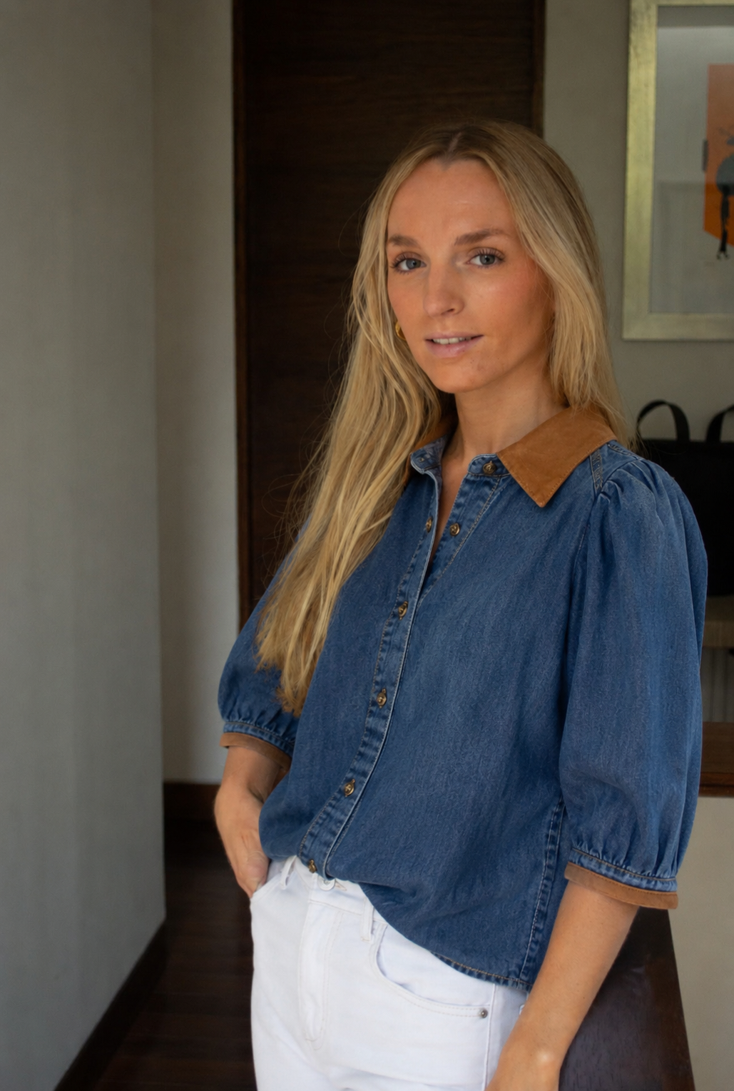 Blusa Florencia Globo Denim 101 aplicaciones en gamuza