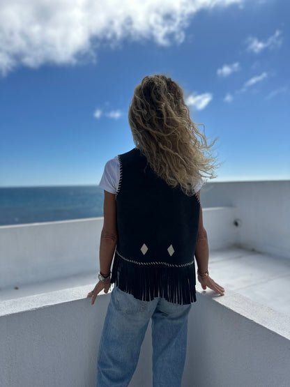 Gilet Juanita de cuero color azul detalle - Paula Márquez